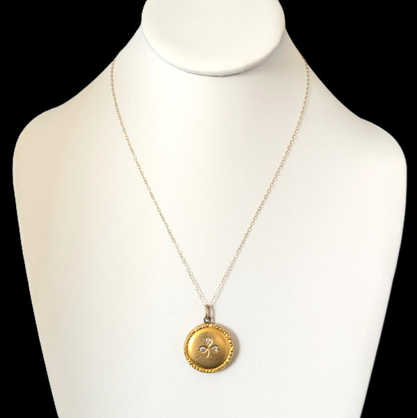 Antique Victorian Old Euro Cut Diamond 9k Gold Clover Locket Pendant 14k Chain 1800s 