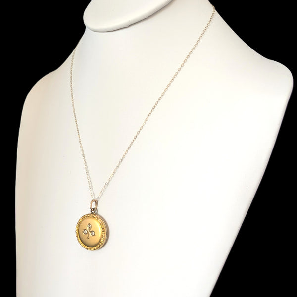 Antique Victorian Old Euro Cut Diamond 9k Gold Clover Locket Pendant 14k Chain 1800s 