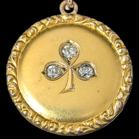 Antique Victorian Old Euro Cut Diamond 9k Gold Clover Locket Pendant 14k Chain 1800s 