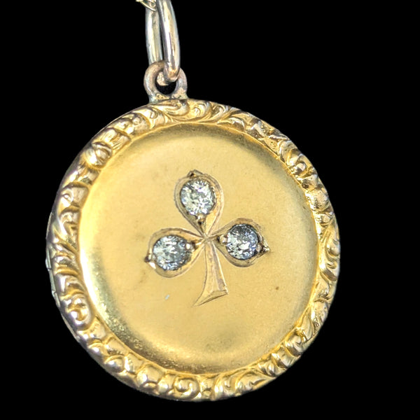 Antique Victorian Old Euro Cut Diamond 9k Gold Clover Locket Pendant 14k Chain 1800s 