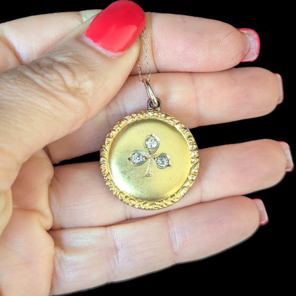 Antique Victorian Old Euro Cut Diamond 9k Gold Clover Locket Pendant 14k Chain 1800s 