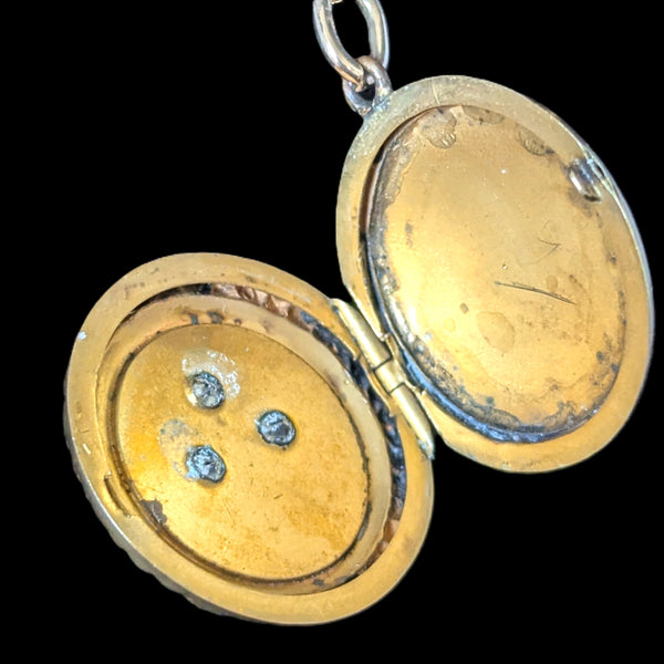 Antique Victorian Old Euro Cut Diamond 9k Gold Clover Locket Pendant 14k Chain 1800s 