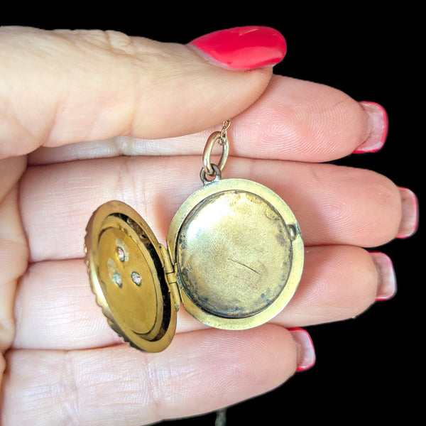 Antique Victorian Old Euro Cut Diamond 9k Gold Clover Locket Pendant 14k Chain 1800s 