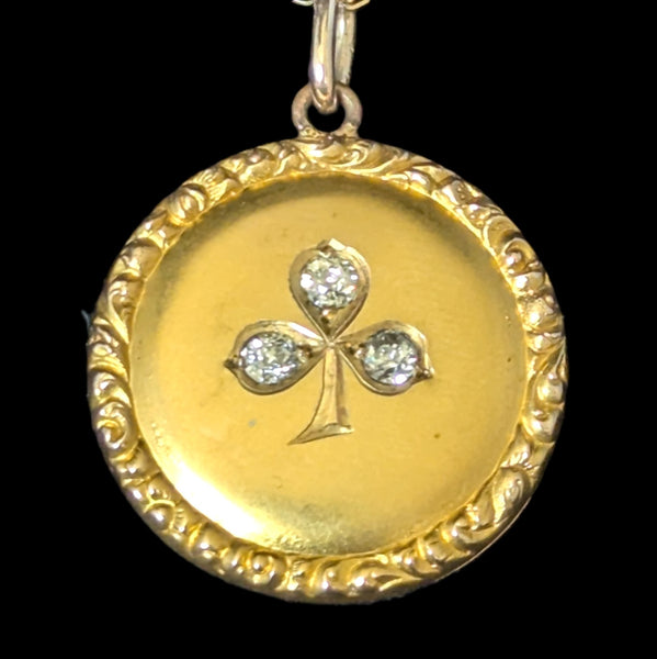 Antique Victorian Old Euro Cut Diamond 9k Gold Clover Locket Pendant 14k Chain 1800s 