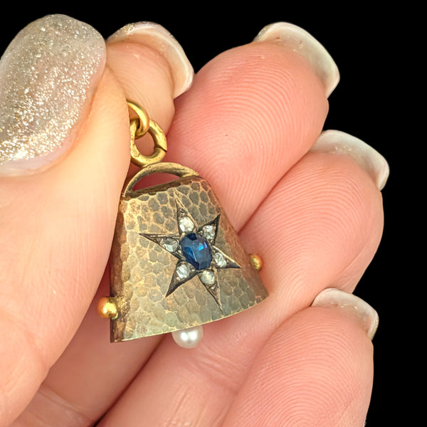 Antique Working Bell Pendant Sapphire Diamonds Pearl High Carat Gold Victorian