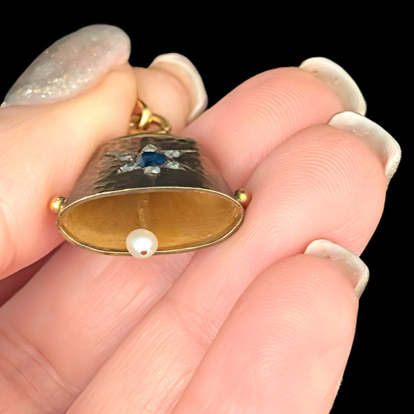 Antique Working Bell Pendant Sapphire Diamonds Pearl High Carat Gold Victorian