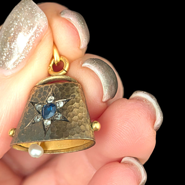 Antique Working Bell Pendant Sapphire Diamonds Pearl High Carat Gold Victorian