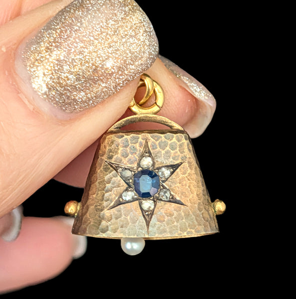 Antique Working Bell Pendant Sapphire Diamonds Pearl High Carat Gold Victorian