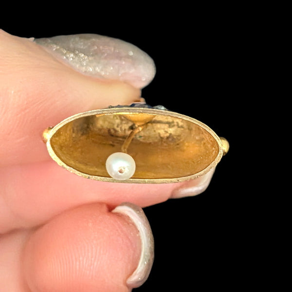 Antique Working Bell Pendant Sapphire Diamonds Pearl High Carat Gold Victorian