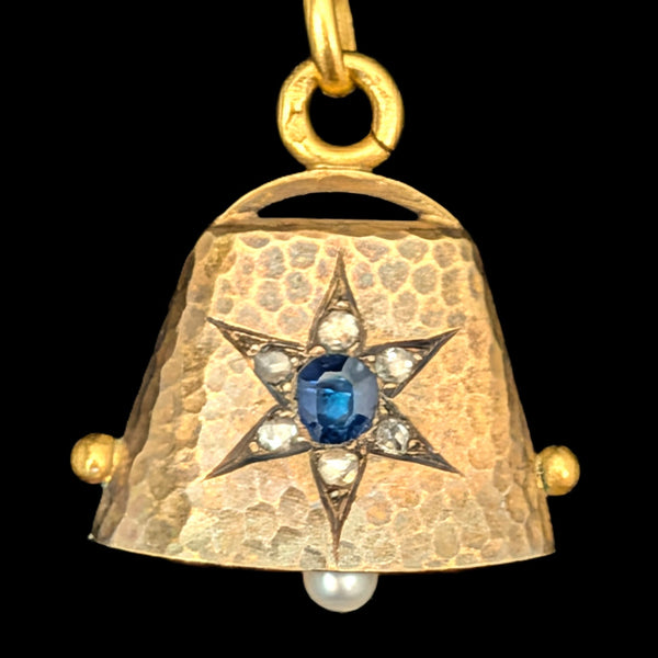 Antique Working Bell Pendant Sapphire Diamonds Pearl High Carat Gold Victorian