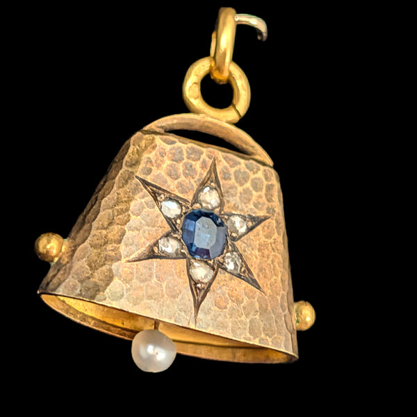 Antique Working Bell Pendant Sapphire Diamonds Pearl High Carat Gold Victorian