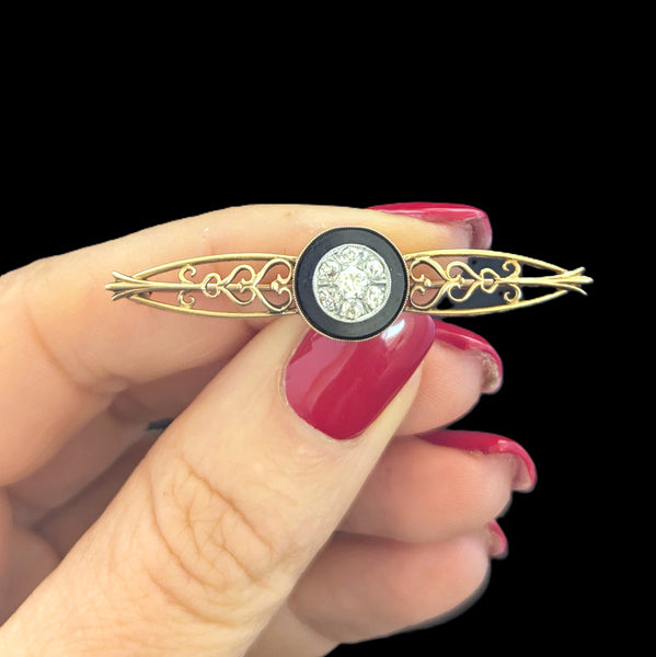 The Paonia - Antique Old European Cut Diamond Cluster Onyx Yellow Gold Bar Brooch