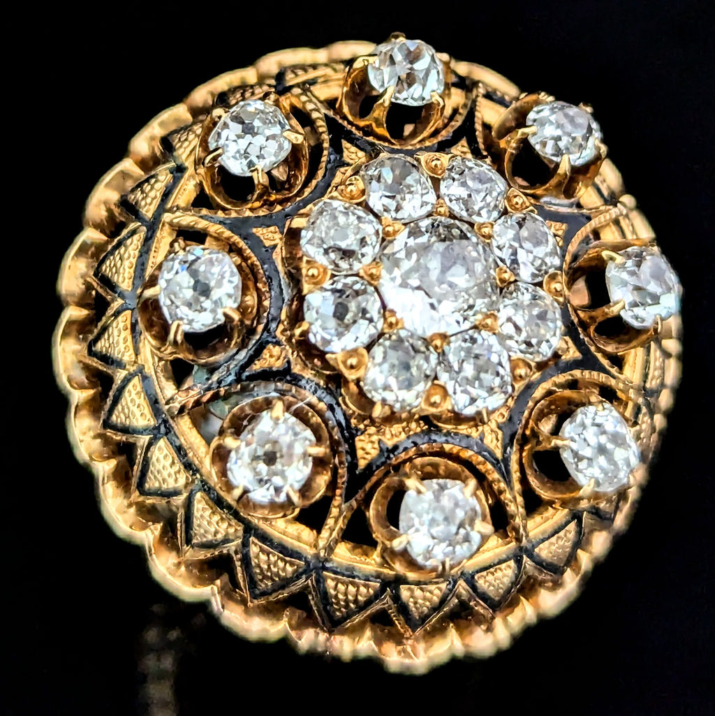 Antique Old Mine Cut Diamonds Enamel 14k Gold Cocktail Cluster Ring with black tracery enamel
