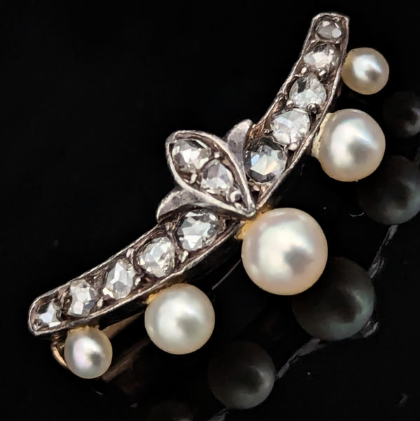 The Marlborough - Victorian Ear Diamonds Pearls 18k Gold Silvertop Brooch