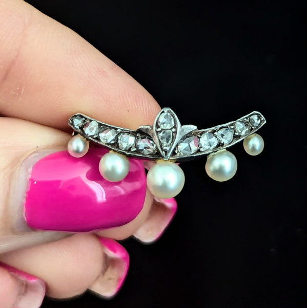 The Marlborough - Victorian Ear Diamonds Pearls 18k Gold Silvertop Brooch