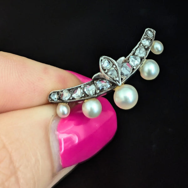 The Marlborough - Victorian Ear Diamonds Pearls 18k Gold Silvertop Brooch