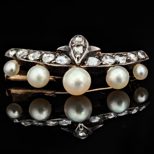 The Marlborough - Victorian Ear Diamonds Pearls 18k Gold Silvertop Brooch