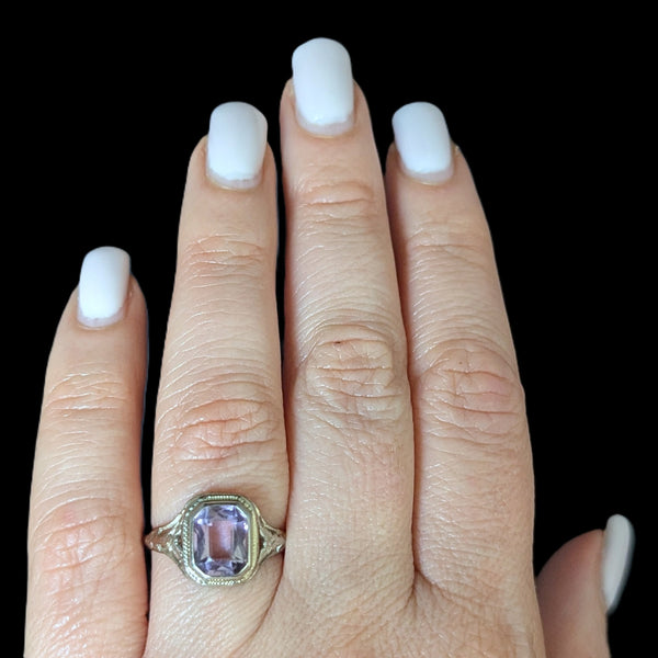 Art Deco 1920s Amethyst 12k-14k White Gold Dinner Ring Floral Filigree Antique 