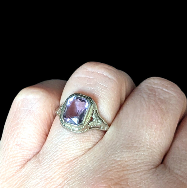 Art Deco 1920s Amethyst 12k-14k White Gold Dinner Ring Floral Filigree Antique 
