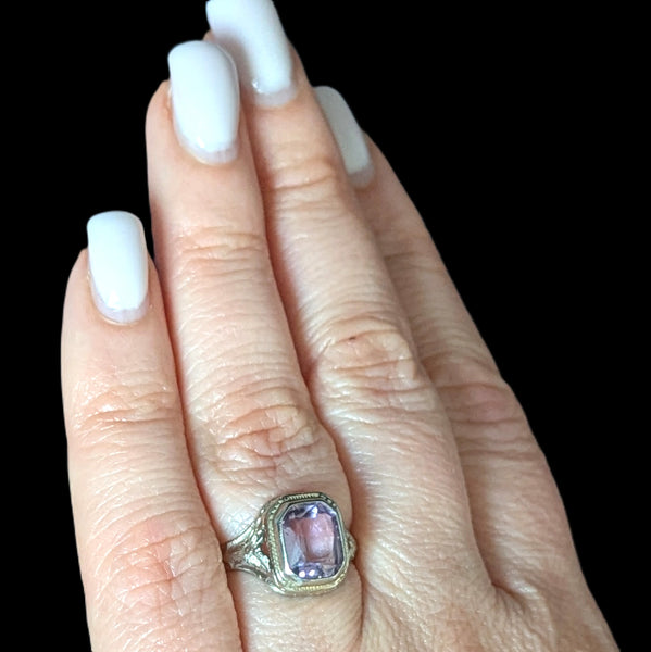 Art Deco 1920s Amethyst 12k-14k White Gold Dinner Ring Floral Filigree Antique 