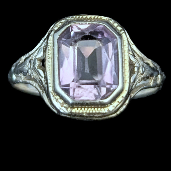 Art Deco 1920s Amethyst 12k-14k White Gold Dinner Ring Floral Filigree Antique 