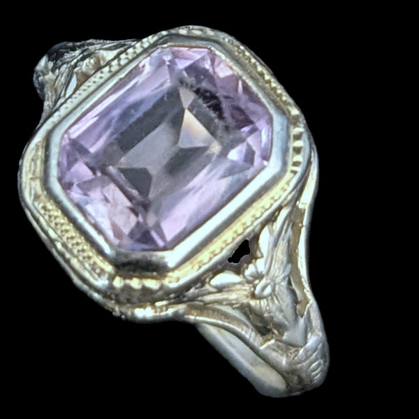 Art Deco 1920s Amethyst 12k-14k White Gold Dinner Ring Floral Filigree Antique 
