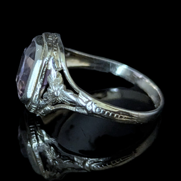 Art Deco 1920s Amethyst 12k-14k White Gold Dinner Ring Floral Filigree Antique 