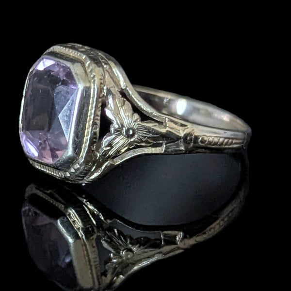 Art Deco 1920s Amethyst 12k-14k White Gold Dinner Ring Floral Filigree Antique 