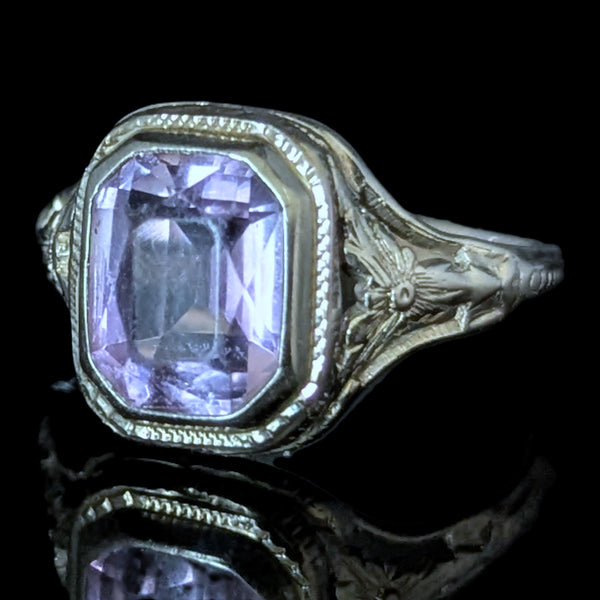 Art Deco 1920s Amethyst 12k-14k White Gold Dinner Ring Floral Filigree Antique 