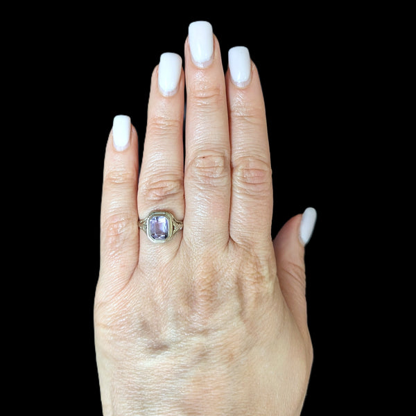 Art Deco 1920s Amethyst 12k-14k White Gold Dinner Ring Floral Filigree Antique 