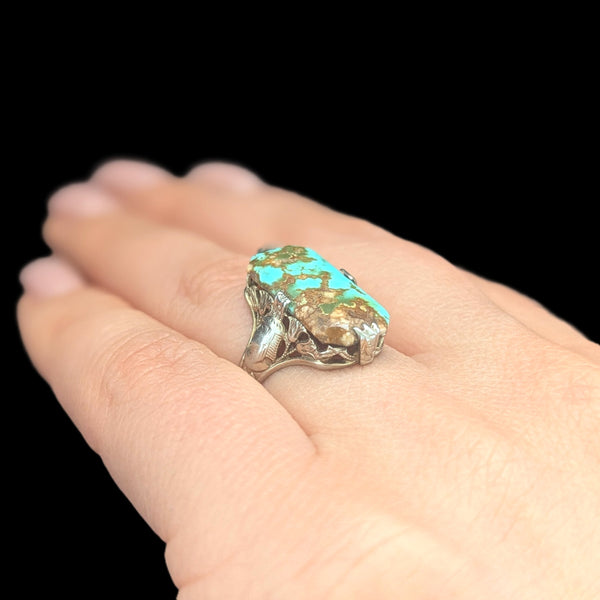 Art Deco 1920s Turquoise 14k + White Gold Egyptian Revival Motif Ring Antique pharaoh lotus flowers