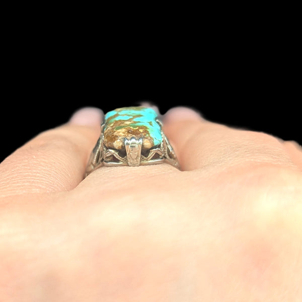 Art Deco 1920s Turquoise 14k + White Gold Egyptian Revival Motif Ring Antique pharaoh lotus flowers