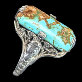 Art Deco 1920s Turquoise 14k + White Gold Egyptian Revival Motif Ring Antique pharaoh lotus flowers