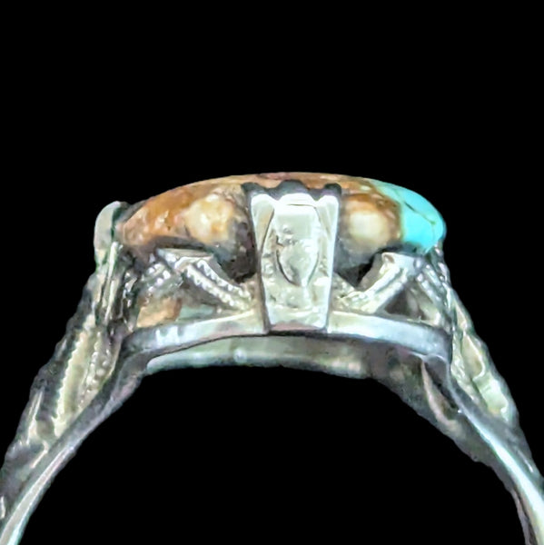 Art Deco 1920s Turquoise 14k + White Gold Egyptian Revival Motif Ring Antique pharaoh lotus flowers
