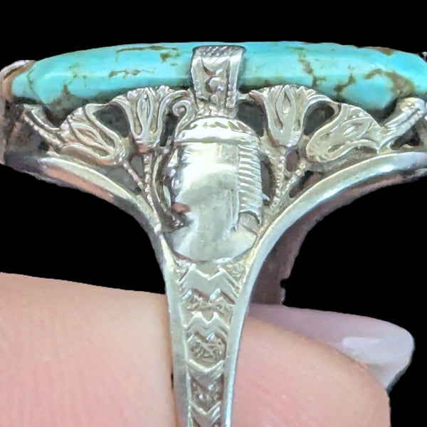 Art Deco 1920s Turquoise 14k + White Gold Egyptian Revival Motif Ring Antique pharaoh lotus flowers