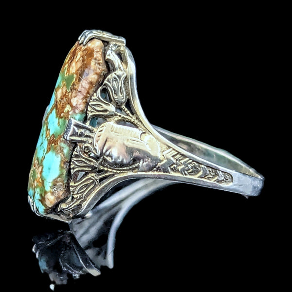 Art Deco 1920s Turquoise 14k + White Gold Egyptian Revival Motif Ring Antique pharaoh lotus flowers