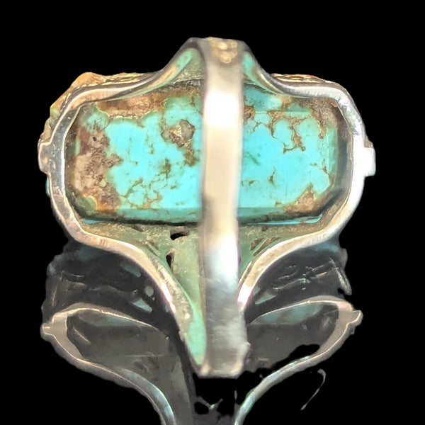 Art Deco 1920s Turquoise 14k + White Gold Egyptian Revival Motif Ring Antique pharaoh lotus flowers