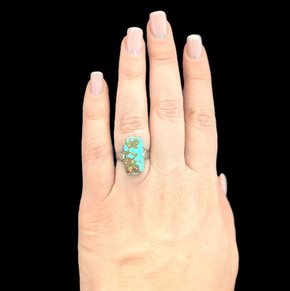 Art Deco 1920s Turquoise 14k + White Gold Egyptian Revival Motif Ring Antique pharaoh lotus flowers