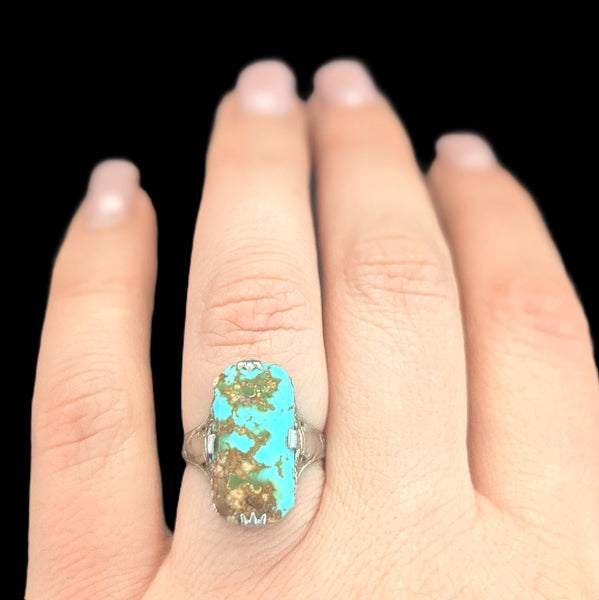 Art Deco 1920s Turquoise 14k + White Gold Egyptian Revival Motif Ring Antique pharaoh lotus flowers