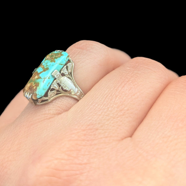 Art Deco 1920s Turquoise 14k + White Gold Egyptian Revival Motif Ring Antique pharaoh lotus flowers
