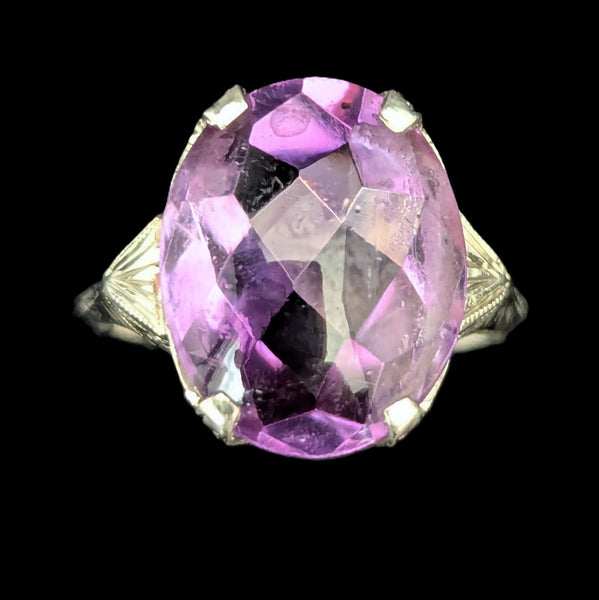 Art Deco 1930s Amethyst White Gold Dinner Ring Estate Jewelry Unique Fancy Cut