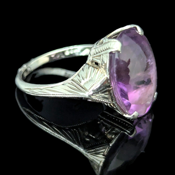Art Deco 1930s Amethyst White Gold Dinner Ring Estate Jewelry Unique Fancy Cut