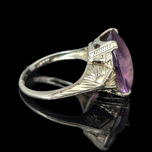 Art Deco 1930s Amethyst White Gold Dinner Ring Estate Jewelry Unique Fancy Cut