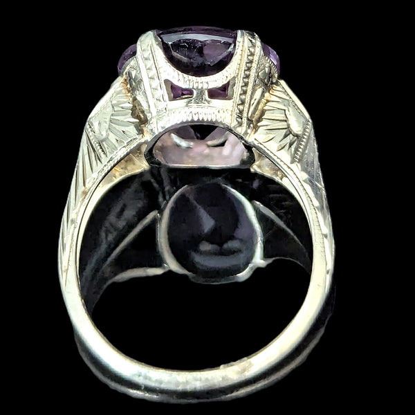 Art Deco 1930s Amethyst White Gold Dinner Ring Estate Jewelry Unique Fancy Cut