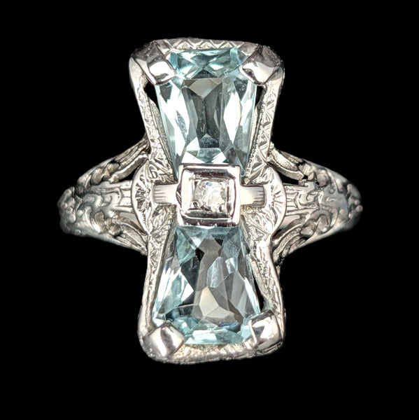 Art Deco Aquamarine Diamond 18k White Gold Filigree Ring Antique Vintage Estate