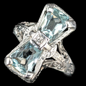 Art Deco Aquamarine Diamond 18k White Gold Filigree Ring Antique Vintage Estate