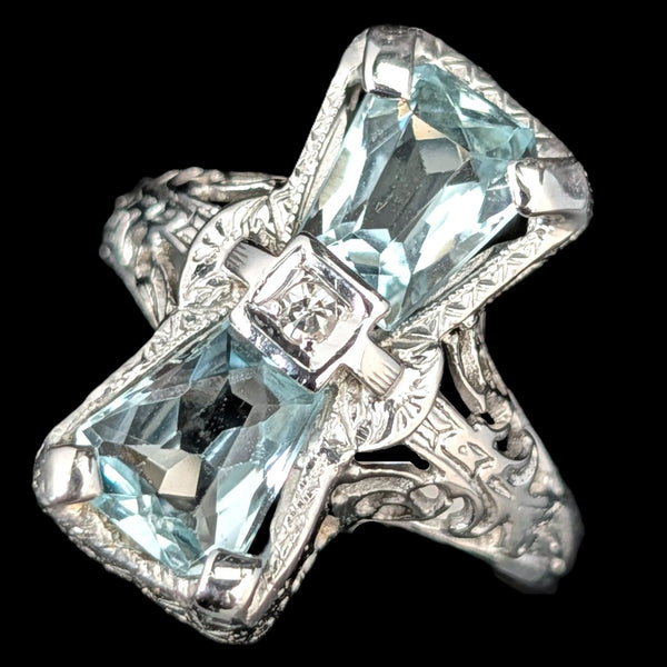 Art Deco Aquamarine Diamond 18k White Gold Filigree Ring Antique Vintage Estate