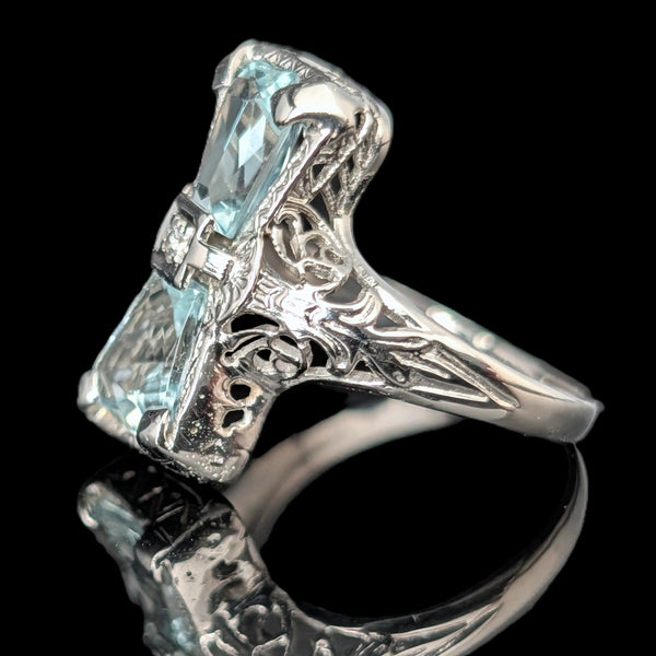 Art Deco Aquamarine Diamond 18k White Gold Filigree Ring Antique Vintage Estate