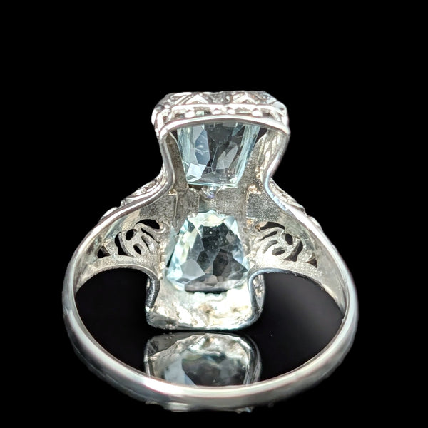 Art Deco Aquamarine Diamond 18k White Gold Filigree Ring Antique Vintage Estate
