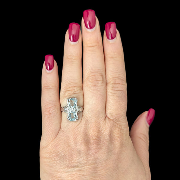 Art Deco Aquamarine Diamond 18k White Gold Filigree Ring Antique Vintage Estate